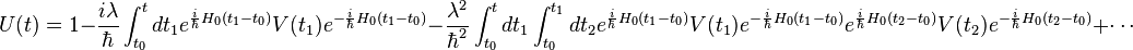 U(t)=1-\frac{i\lambda}{\hbar}\int_{t_0}^t dt_1 e^{\frac{i}{\hbar}H_0(t_1-t_0)}V(t_1)e^{-\frac{i}{\hbar}H_0(t_1-t_0)}-\frac{\lambda^2}{\hbar^2}\int_{t_0}^t dt_1\int_{t_0}^{t_1} dt_2e^{\frac{i}{\hbar}H_0(t_1-t_0)}V(t_1)e^{-\frac{i}{\hbar}H_0(t_1-t_0)} e^{\frac{i}{\hbar}H_0(t_2-t_0)}V(t_2)e^{-\frac{i}{\hbar}H_0(t_2-t_0)}+\cdots