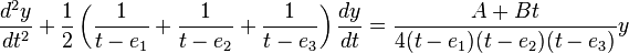 \frac{d^2y}{dt^2} +\frac{1}{2}\left(\frac{1}{t-e_1}+\frac{1}{t-e_2}+\frac{1}{t-e_3}\right)\frac{dy}{dt} = \frac{A+Bt}{4(t-e_1)(t-e_2)(t-e_3)}y