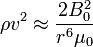 \rho v^2\approx \frac{2 B_0^2}{r^6 \mu_0}