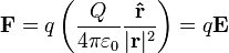 
\mathbf{F}=q\left(\frac{Q}{4\pi\varepsilon_0}\frac{\mathbf{\hat{r}}}{|\mathbf{r}|^2}\right)=q\mathbf{E}
