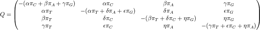 Q = \begin{pmatrix}
{-(\alpha\pi_C + \beta\pi_A + \gamma\pi_G)} & {\alpha\pi_C} & {\beta\pi_A} & {\gamma\pi_G} \\ 
{\alpha\pi_T} & {-(\alpha\pi_T + \delta\pi_A + \epsilon\pi_G)} & {\delta\pi_A} & {\epsilon\pi_G} \\ 
{\beta\pi_T} & {\delta\pi_C} & {-(\beta\pi_T + \delta\pi_C + \eta\pi_G)} & {\eta\pi_G} \\  
{\gamma\pi_T} & {\epsilon\pi_C} & {\eta\pi_A} & {-(\gamma\pi_T + \epsilon\pi_C + \eta\pi_A)} 
\end{pmatrix} 