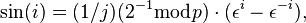 \sin(i)=(1/j)(2^{-1}\bmod{p})\cdot(\epsilon^{i} - \epsilon^{-i}),