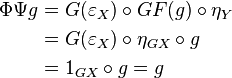 \begin{align}
\Phi\Psi g &= G(\varepsilon_X)\circ GF(g)\circ\eta_Y \\
 &= G(\varepsilon_X)\circ\eta_{GX}\circ g \\
 &= 1_{GX}\circ g = g\end{align}