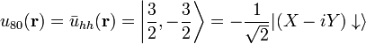   u_{80}(\mathbf{r}) = \bar{u}_{hh}(\mathbf{r}) = \left | \frac{3}{2},-\frac{3}{2} \right \rangle =  -\frac{1}{\sqrt 2}|(X-iY)\downarrow\rangle  