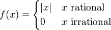 f(x)=\begin{cases}|x| &  x \text{ rational } \\ 0 &  x \text{ irrational }\end{cases}