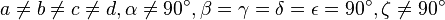 a\ne b \ne c \ne d, \alpha \ne 90 ^\circ, \beta = \gamma  = \delta = \epsilon = 90 ^\circ, \zeta \ne 90 ^\circ