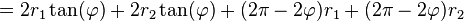 =2r_1\tan(\varphi) + 2r_2\tan(\varphi) + (2\pi-2\varphi)r_1 + (2\pi-2\varphi)r_2 \,\!