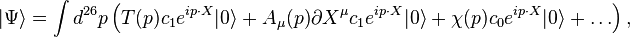 |\Psi \rangle =\int d^{26}p\left(T(p)c_{1}e^{ip\cdot X}|0\rangle +A_{\mu }(p)\partial X^{\mu }c_{1}e^{ip\cdot X}|0\rangle +\chi (p)c_{0}e^{ip\cdot X}|0\rangle +\ldots \right),