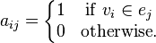 a_{ij} = \left\{ \begin{matrix} 1 & \mathrm{if} ~ v_i \in e_j \\ 0 & \mathrm{otherwise}. \end{matrix} \right.