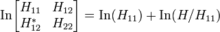  \mathrm{In} \begin{bmatrix} H_{11} & H_{12} \\  H_{12}^\ast & H_{22} \end{bmatrix} = \mathrm{In}(H_{11}) + \mathrm{In}(H/H_{11}) 