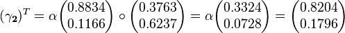 
(\mathbf{\gamma_2})^T  = \alpha\begin{pmatrix}0.8834 \\ 0.1166 \end{pmatrix}\circ \begin{pmatrix}0.3763 \\ 0.6237 \end{pmatrix}=\alpha\begin{pmatrix}0.3324 \\ 0.0728\end{pmatrix}=\begin{pmatrix}0.8204 \\ 0.1796 \end{pmatrix}
