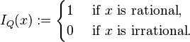 I_Q(x):=\begin{cases} 1 & \text{ if }x \text{ is rational}, \\
0 & \text{ if } x \text{ is irrational}. \end{cases}