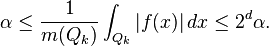 \alpha\le  \frac{1}{m(Q_k)} \int_{Q_k} |f(x)| \, dx \leq 2^d \alpha.