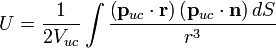 
U = \frac{1}{2V_{uc}} \int  
\frac{\left( \mathbf{p}_{uc}\cdot \mathbf{r} \right) 
\left( \mathbf{p}_{uc} \cdot \mathbf{n} \right)dS}{r^3}
