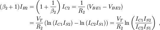 \begin{align}
  (\beta_2 + 1)I_{B2} &= \left(1 + \frac{1}{\beta_2} \right) I_{C2} = \frac{1}{R_2} \left(V_{BE1} - V_{BE2}\right) \\
                      &= \frac{V_T}{R_2} \left( \ln\left(I_{C1}I_{S2}\right) - \ln\left(I_{C2}I_{S1}\right) \right) = \frac{V_T}{R_2} \ln \left(\frac{I_{C1}I_{S2}}{I_{C2}I_{S1}}\right)\ ,
\end{align}