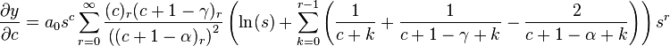 \frac{\partial y}{\partial c}=a_{0}s^{c}\sum_{r=0}^{\infty } \frac{(c)_{r}(c+1-\gamma )_{r}}{\left( (c+1-\alpha )_{r} \right)^{2}} \left( \ln(s) + \sum_{k=0}^{r-1}{\left( \frac{1}{c+k}+\frac{1}{c+1-\gamma +k}-\frac{2}{c+1-\alpha +k} \right)} \right)s^r 