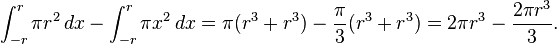 \int_{-r}^r \pi r^2\,dx - \int_{-r}^r \pi x^2\,dx = \pi (r^3 + r^3) - \frac{\pi}{3}(r^3 + r^3) =  2\pi r^3 - \frac{2\pi r^3}{3}.