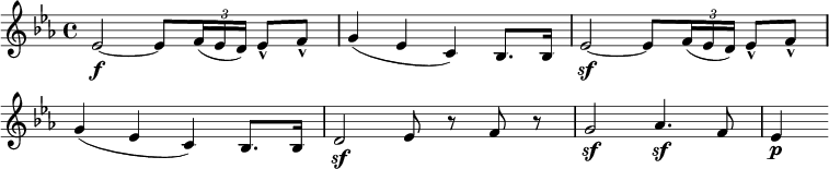 
\relative c' {
  \override TupletBracket #'stencil = ##f
  \override Score.BarNumber #'stencil = ##f
  \key es \major
  es2~\f es8 \times 2/3 { f16( es d) } es8-^ f-^ |
  g4( es c) bes8. bes16 |
  es2~\sf es8 \times 2/3 { f16( es d) } es8-^ f-^ |
  g4( es c) bes8. bes16 |
  d2\sf es8 r f r |
  g2\sf as4.\sf f8 |
  es4\p
}
