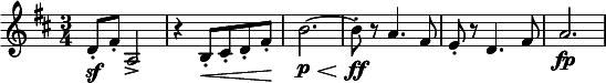  \relative c' { \clef treble \key d \major \time 3/4 d8-.\sf fis-. a,2-> | r4 b8-.\< cis-. d-. fis-.\! | b2.~\p\< | b8\ff-. r a4. fis8 | e-. r d4. fis8 | a2.\fp } 