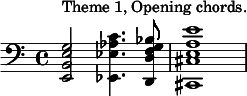 \relative c' {\clef "bass"  <e,, b' e g>2^"Theme 1, Opening chords." <ees ees' aes c>4. <d d' f g bes>8 <cis cis' e a e'>1} 