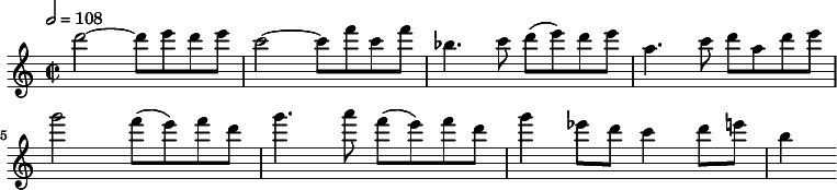 
  \relative c'' { \clef treble \time 2/2 \tempo  2 = 108 d'2~ d8 e d e c2~ c8 f c f bes,4. c8 d( e) d e a,4. c8 d a d e g2 f8( e) f d g4. a8 f( e) f d g4 ees8 d c4 d8 e b4 }
