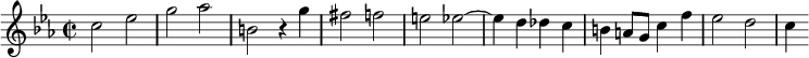 \relative c'{
    \clef treble
 \key c \minor
    \time 2/2 
    c'2 ees      | % 1
    g aes      | % 2
    b, r4 g'      | % 3
    fis2 f      | % 4
    e ees~      | % 5
    ees4 d des c      | % 6
    b a8 g c4 f      | % 7
    ees2 d \bar "|"     | % 8
    c4 
}