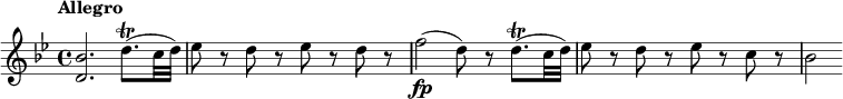 
\relative c'' {
  \override Score.NonMusicalPaperColumn #'line-break-permission = ##f
  \key bes \major
  \tempo "Allegro"
  <bes d,>2. d8.\trill( c32 d) |
  es8 r d r es r d r |
  f2\fp( d8) r d8.\trill( c32 d) |
  es8 r d r es r c r |
  bes2
}
