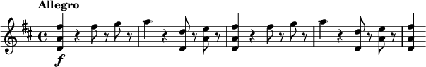 
\relative c'' {
  \tempo "Allegro"
  \key d \major
  <fis a, d,>4\f r fis8 r g r |
  a4 r <d, d,>8 r <e a,> r |
  <fis a, d,>4 r fis8 r g r |
  a4 r <d, d,>8 r <e a,> r |
  <fis a, d,>4
}
