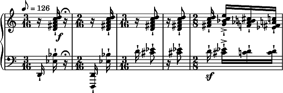  { \new PianoStaff << \new Staff \relative c'' { \clef treble \tempo 8 = 126 \time 3/16 r16 <d c a fis d>\f-| r16\fermata | \time 2/16 r <d c a fis d>-| \time 3/16 r <d c a fis d>8-| | r16 <d c a fis d>8-| | \time 2/8 <d c a fis>16-| <e c bes g>->-|[ <cis b aes f>-| <c a fis ees>-|] } \new Staff \relative c { \clef bass \time 3/16 d,16-| <bes'' ees,>-| r\fermata | \time 2/16 <d,, d,>-| <bes'' ees,>-| | \time 3/16 d16-| <ees cis>8-| | r16 <ees cis>8-| | \time 2/8 d16\sf-| <ees cis>-|->[ <d c>-| <d c>-|] } >> } 