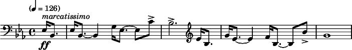  \new Staff \relative c {
  \clef bass \time 4/4 \key ees \major \tempo "" 4=126 \partial 4
  ees16-\ff^\markup { \italic "marcatissimo" } bes8. ees16 bes8.~bes4 g'16 ees8.~ees8 c'8-> bes2.->
  \clef treble ees16 bes8. g'16 ees8.~ees4 f16 bes,8.~bes8 bes'8-> g1
} 