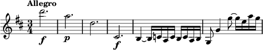 
\relative c''' {
  \key d \major
  \time 3/4
  \tempo "Allegro"
  d2.\f | a\p | d, | cis,\f |
  b4~ b16 c a c b c a b |
  g8 g'4 g'8~ g16 e a g |
}
