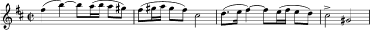 
\version "2.14.2"
\relative c'' {
\key d \major
\time 2/2
\set Score.tempoHideNote = ##t
\tempo 2 = 70
fis4( b) ~ b8 a16( b a8[ gis])
fis8( gis16 a gis8[ fis]) cis2
d8.( e16 fis4) ~ fis8 e16( fis e8[ d])
cis2-> gis 
}
