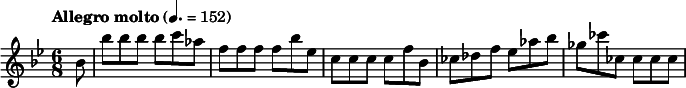 
  \relative c'' { \clef treble \key bes \major \time 6/8 \tempo "Allegro molto" 4. = 152 \partial 8*1 bes8 bes' bes bes bes c aes f f f f bes ees, c c c c f bes, ces des f ees aes bes ges ces ces, ces ces ces }
