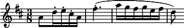 
  \relative c' { \clef treble \key d \major \time 3/8 a'8 d16-. e-. cis-. a fis'4.-.( a16 g fis g e fis d8) }
