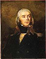 Painting of a long-haired man wearing a dark blue French military uniform of the 1790s.