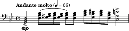  \relative c { \clef bass \time 4/4 \set Staff.midiInstrument = #"french horn" \tempo "Andante molto" 4=66 \key bes \major <d bes g>2->\mp <bes' g d>16( <a fis ees> <bes g d> <a fis ees> <bes g d>8) <bes g d> | <d bes g>-- <cis a ees>-- <d bes g>-- <bes g d>-- <c f, c>2-> |} 