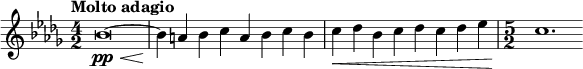  \relative c'' { \set Staff.midiInstrument = #"string ensemble 1" \clef treble \key bes \minor \time 4/2 \tempo "Molto adagio" bes\breve(~\pp\< | bes4\! a bes c a bes c bes | c\< des bes c des c des ees | \time 5/2 c1.\! } 