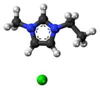 Ball-and-stick model of the component ions of 1-ethyl-3-methylimidazolium chloride