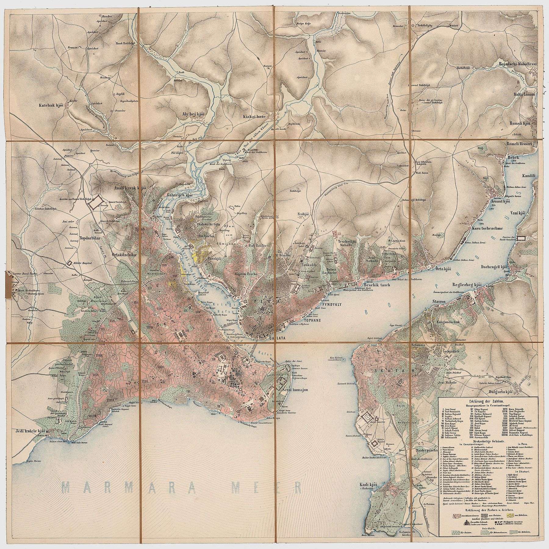 Under the Ottomans, Scutari was a large neighborhood with many cemeteries, across the water from Constantinople (map produced by Joseph von Scheda between 1860-70)