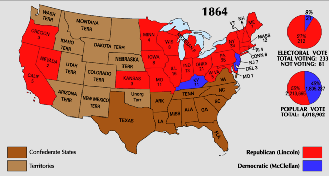 Map of the U.S. showing Lincoln winning all the Union states except for Kentucky, New Jersey, and Delaware. The Southern states are not included.