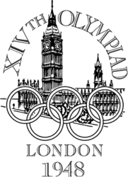 The Palace of Westminster, a Gothic architecture building with two towers, sits behind the Olympic rings. The words "XIVth Olympiad" is written across the top in a semi-circular shape, while the words "London 1948" is written at the bottom of the logo.