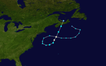 Storm track beginning southeast of Canada as an extratropical storm, moving westward toward New England, becoming tropical as it looped to the northeast, and later dissipating over Prince Edward Island