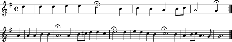 
\new Staff <<
\clef treble
\new Voice = "Soprano"
  { \key g \major \tempo 4=80 \set Staff.midiInstrument = "oboe" {
      \set Score.tempoHideNote = ##t
      \override Score.BarNumber  #'transparent = ##t      
      \time 4/4      
      \relative c''
      \repeat volta 2 { \partial 4 d | d4 d e e | d2.\fermata b4 | c b a b8 c | a2 g4\fermata } \break
      \relative c'' {
      a4 | a a b b | a2.\fermata a4 | b8 cis d4 d cis | d2.\fermata d4 | e d c b | c2.\fermata b4 | a b8 c a4. g8 | g2. \bar "|."
      }
    }
  }
>>
