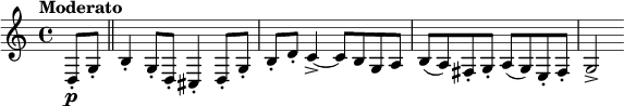  \relative c { \clef treble \time 4/4 \set Staff.midiInstrument = #"clarinet"  \tempo "Moderato" \partial 4*1 d8-.\p g-. \bar "||" b4-. g8-. d-. cis4-. d8-. g-. | b-. d-. c4->~ c8 b g a | b( a) fis-. g-. a( g) e-. fis-. | g2-> } 