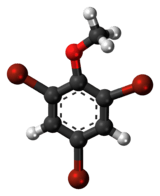 Ball-and-stick model of the 2,4,6-tribromoanisole molecule