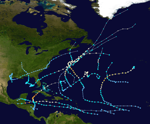 An overview of the paths of seventeen tropical cyclones that formed in the Atlantic during the 2001 season