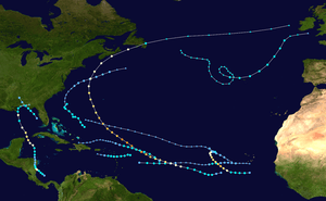 A map of the Atlantic Ocean depicting the tracks of 11 tropical cyclones.