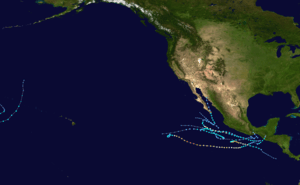 Map plotting the track and intensity of all Central and Eastern Pacific tropical cyclones during 2010 according to the Saffir–Simpson hurricane wind scale