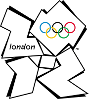 Four abstract shapes placed in a quadrant formation spelling out "2012". The word "London" is written in the shape representing the "2", while the Olympic rings are placed in the shape representing the "0".