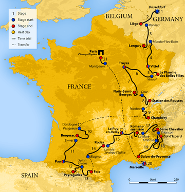 Map of France showing the route of the race starting in Germany, going through Belgium and Luxembourg, then around France.